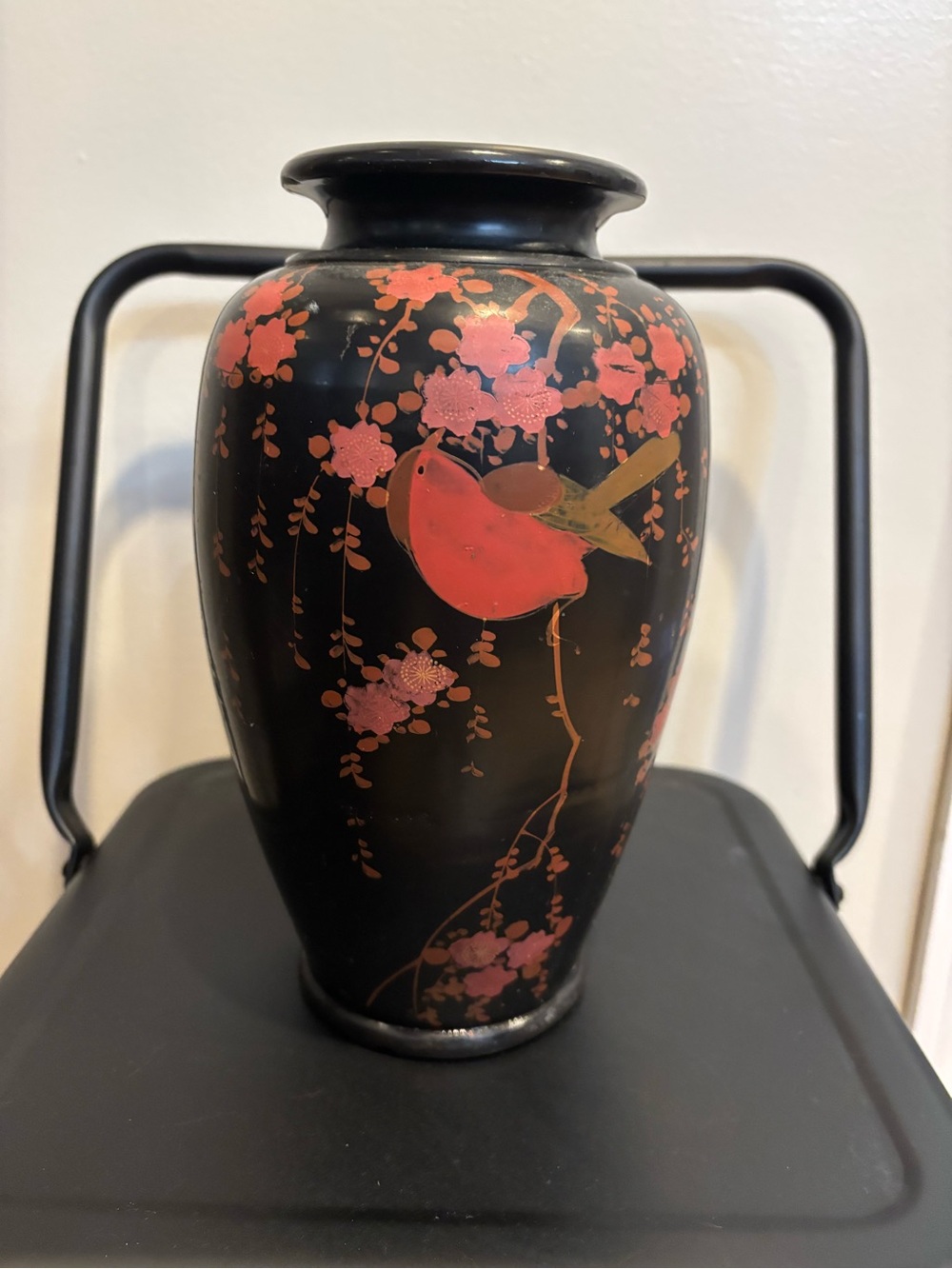 Vintage Japanese Black Lacquer Vase – Hand Painted Bird & Floral Blossom Motif